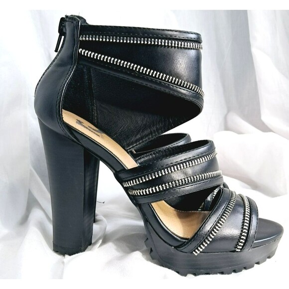 Report Gael Black Zipper Faux Leather Strappy Chunky Platform Heels  Size 5.5 - Picture 2 of 9